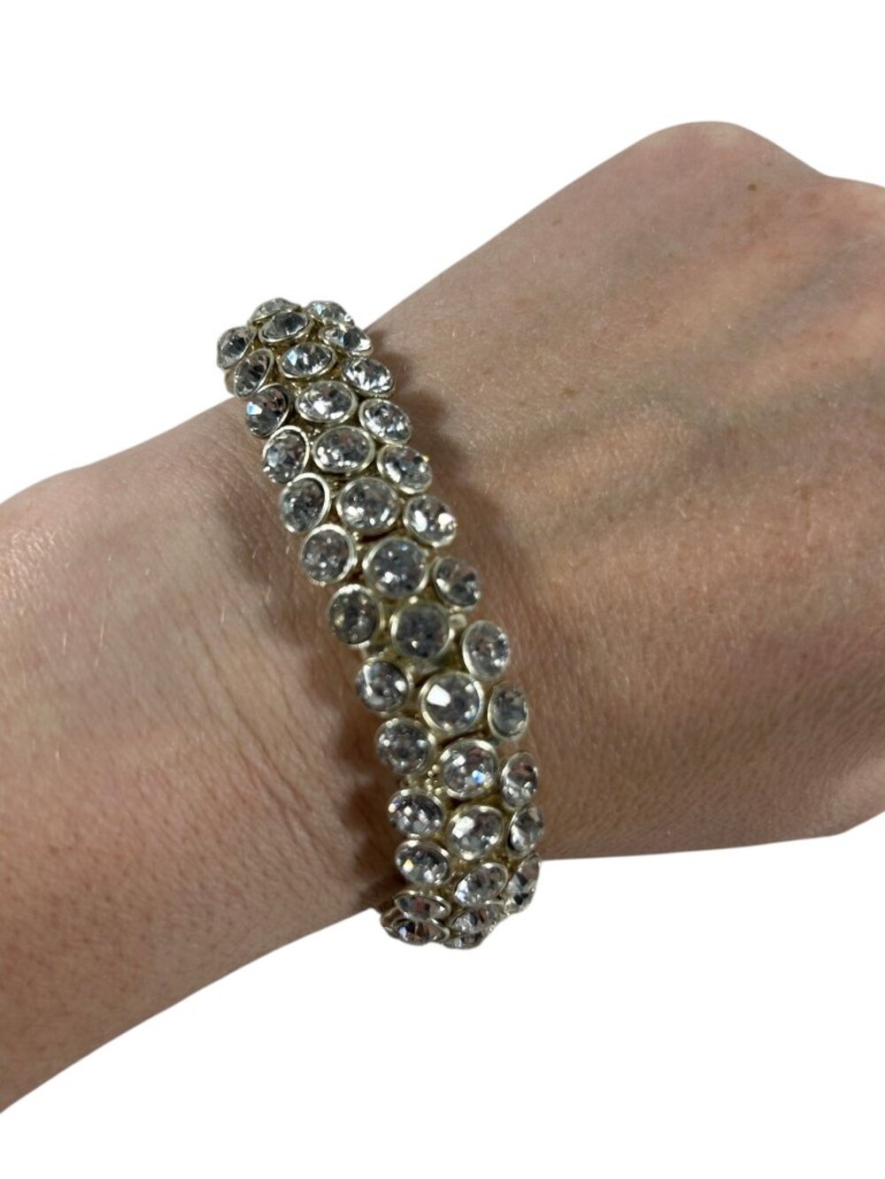 Clear Rhinestone Stretch Bracelet Silver Tone Statement Glam Costume Jewelry